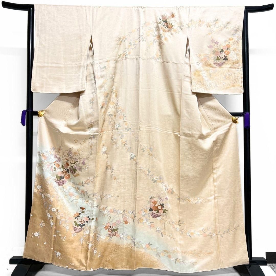 刺繍　金駒刺繍　付け下げ　身丈154　裄63　菊花　桔梗　着物　023b p 未着用 訪問着 身丈163 裄65 金駒刺繍 菊花 枝垂れ花模様 着物 053b