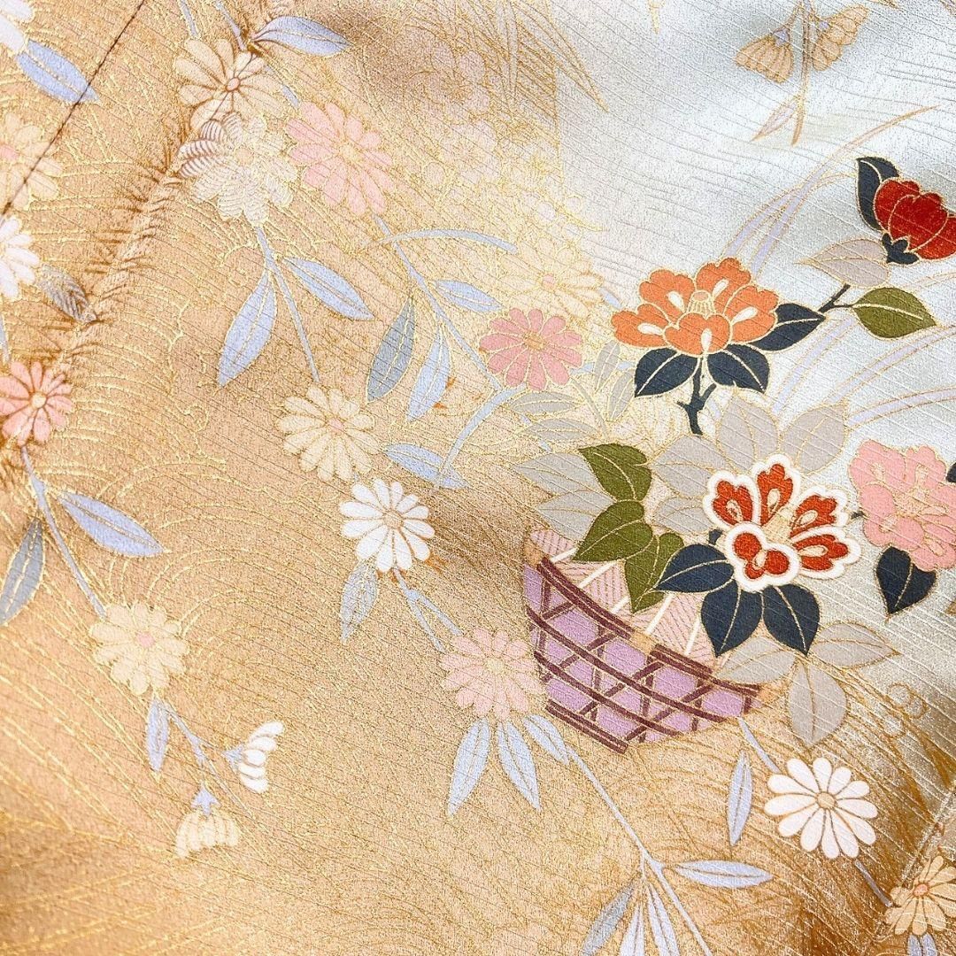 刺繍　金駒刺繍　付け下げ　身丈154　裄63　菊花　桔梗　着物　023b p 未着用 訪問着 身丈163 裄65 金駒刺繍 菊花 枝垂れ花模様 着物 053b