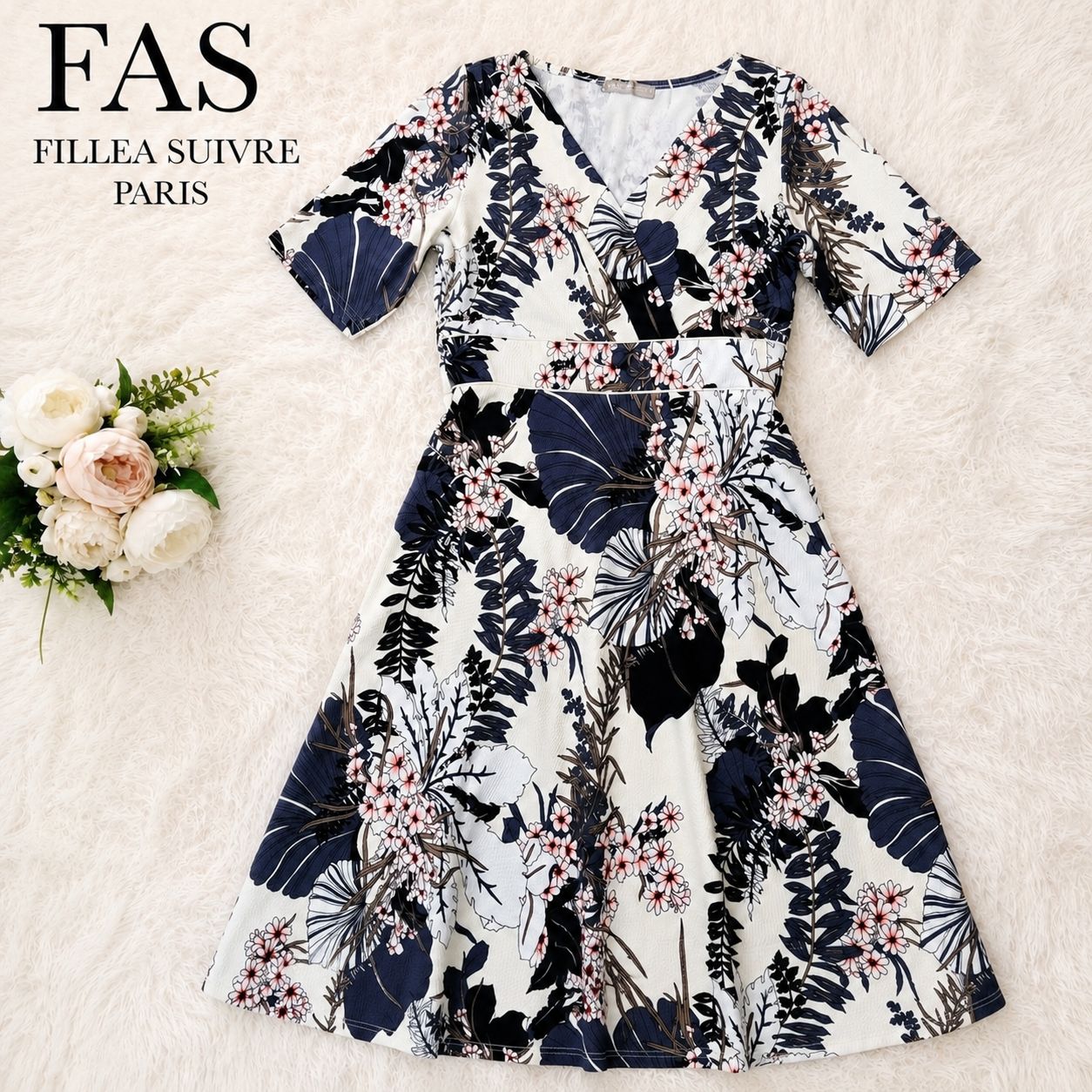 FAS FILLEA SUIVRE PARIS ファス 花柄 カシュクール ワンピース L相当