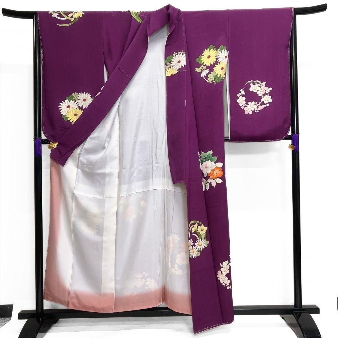 振袖 二尺袖 身丈156 セミアンティーク 菊花 椿 桜 水仙 着物 062b