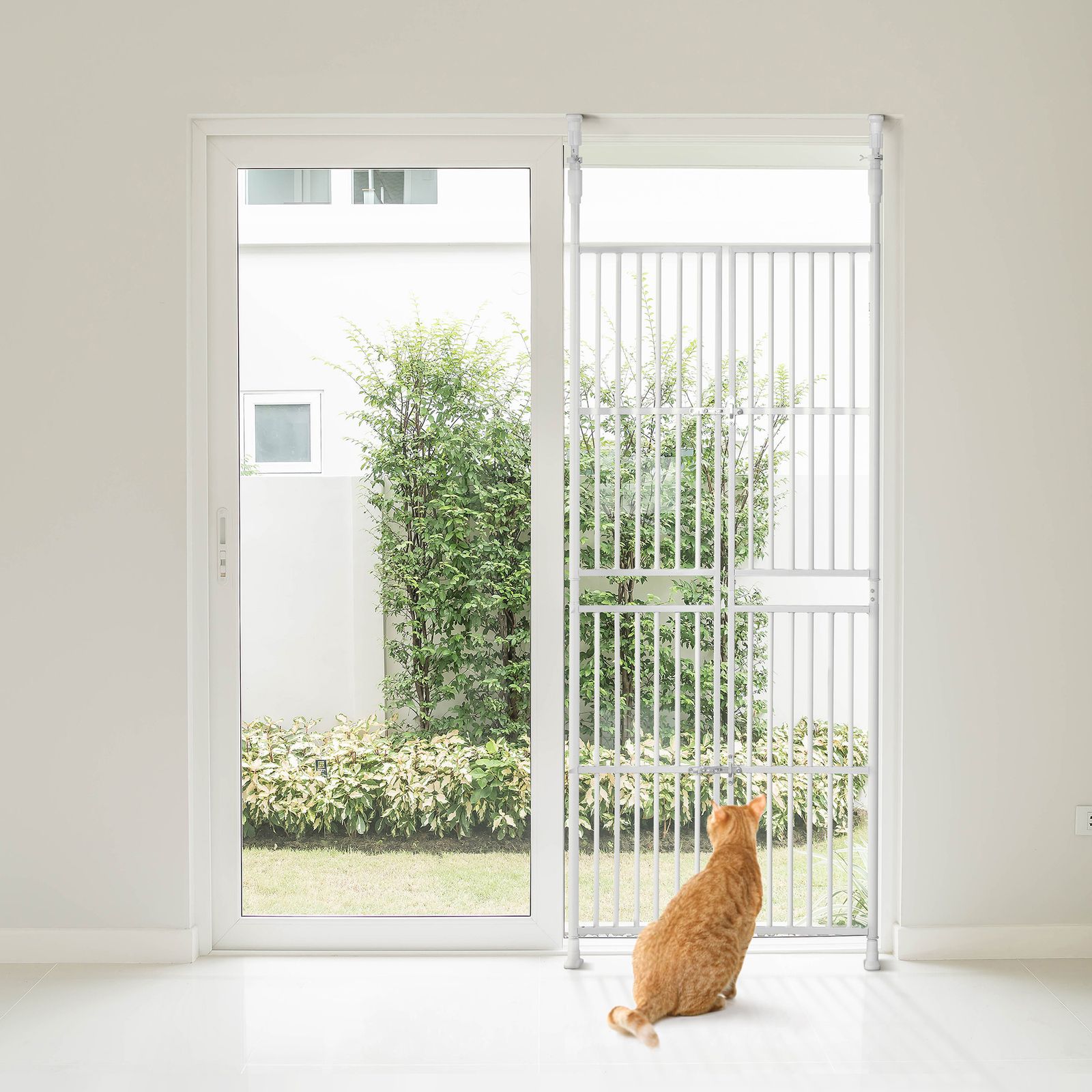 猫用ペットフェンス 高さ調節対応205-285cm 突っ張り式 両面ロック ホワイト スチール製【ホワイト】