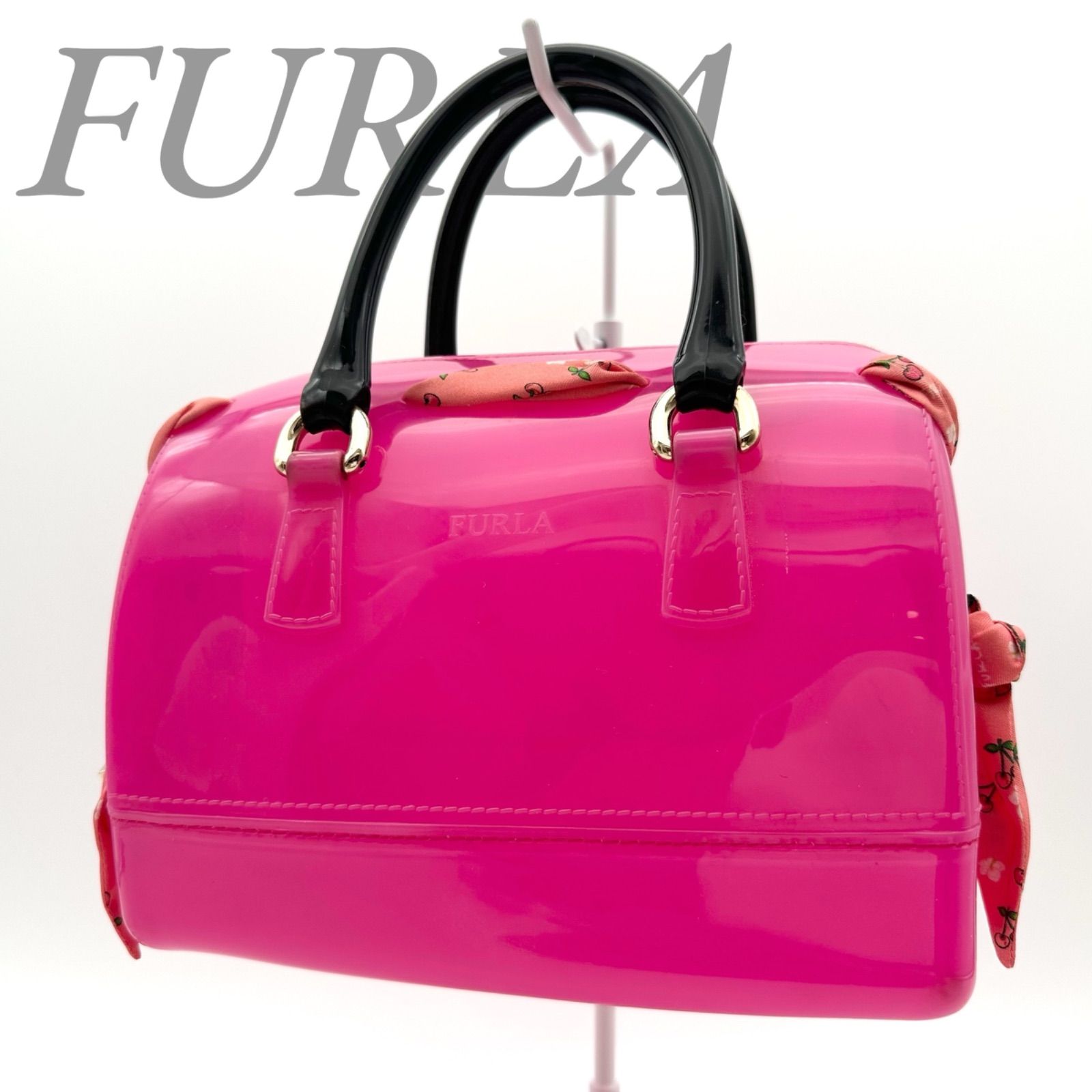 美品 FURLA フルラ ハンドバッグ スカーフ付き B5709】 FURLA フルラ ハンドバッグ キャンディバッグ ピンク PVC
