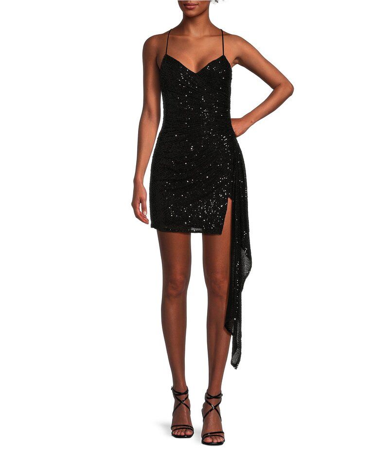ジービー レディース トップス ワンピース アシンメトリー ミニワンピース ギャザー ミニ スパンコール GB Social Ruched Sequin Asymmetrical Hem Tie Ba 12,905円