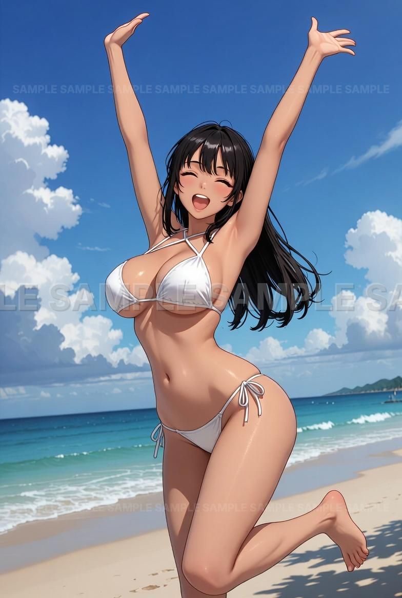 AIアート】【夏満喫！】白いビキニで弾ける笑顔 海辺で輝くヘルシー