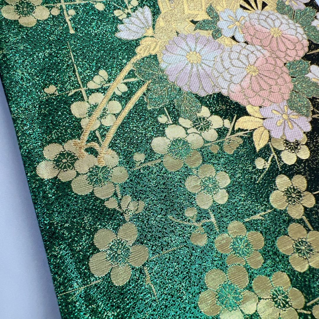 袋帯 振袖帯 御所車 菊花 梅花 扇 グリーンカラー 金糸 着物 053tz