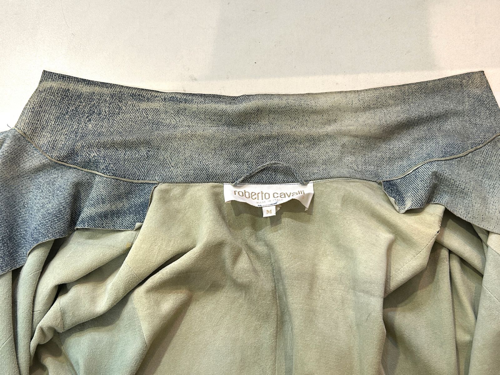 Roberto Cavalli 44(M) 本革 デニム風レザージャケット ロベルト