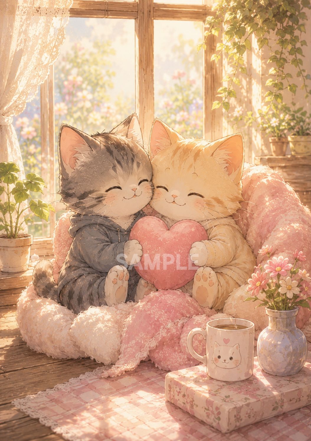 555 癒しの猫アート 2Lサイズ｜仲良し猫のハートいっぱいイラスト
