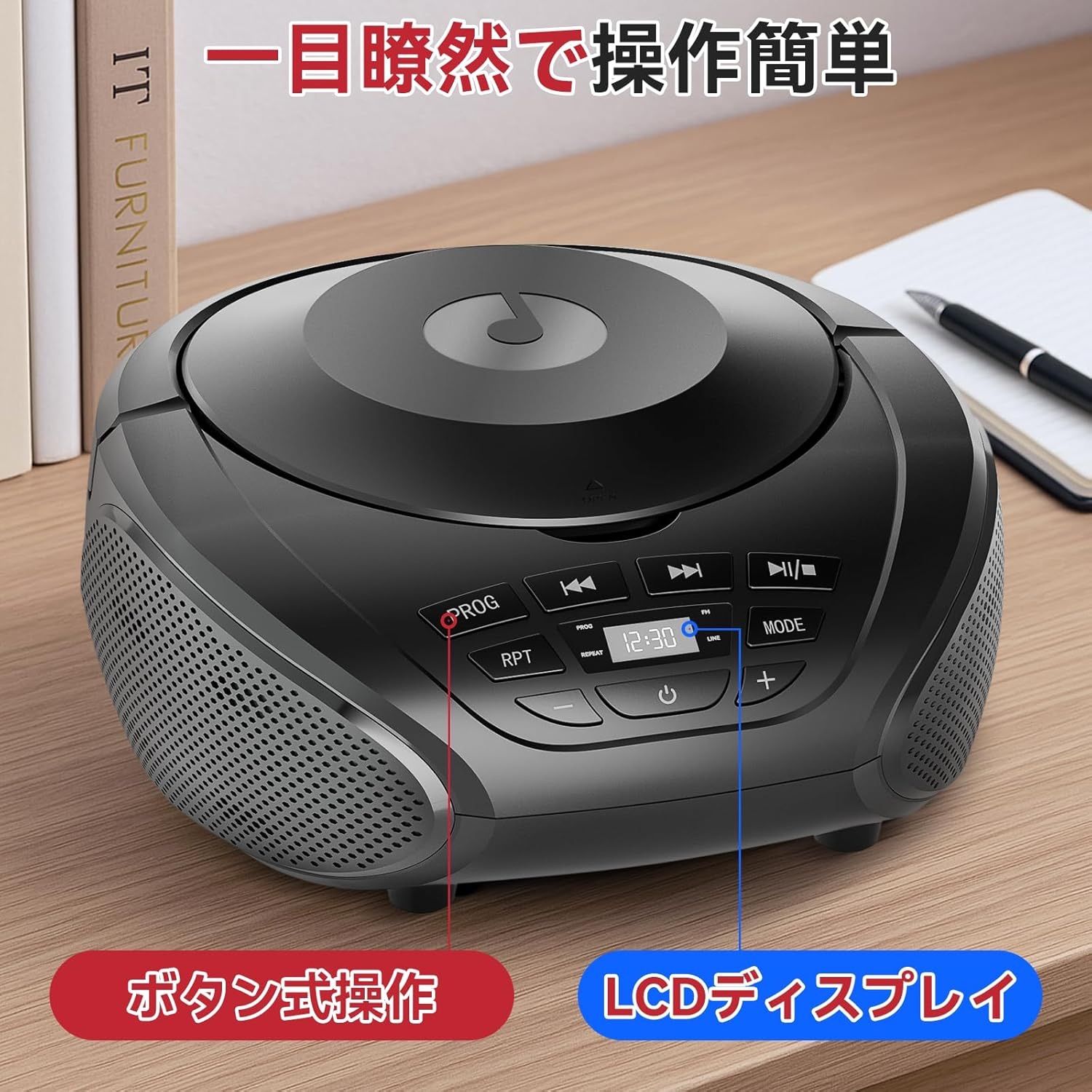 Gueray cdプレーヤー cdラジカセ FMモード AUXオーディオ入力 PROG再生 
