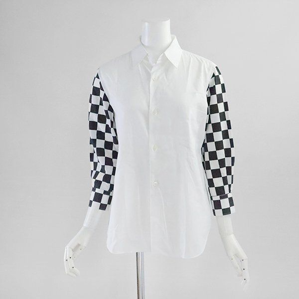 COMME des GARCONS ◇ 袖ブロックチェック シャツ 白/黒 Sサイズ 7分袖