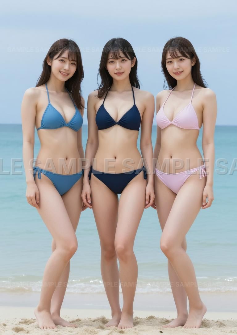 AIアート】【夏満喫】美少女3人組 青・紺・ピンクビキニ 海辺の砂浜