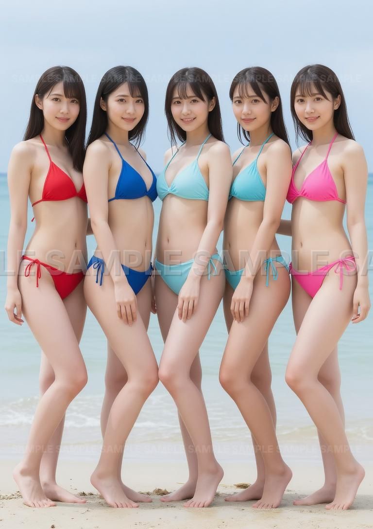 AIアート】【鮮やか水着】海辺の笑顔 5人娘 美脚 ビキニ グラビア