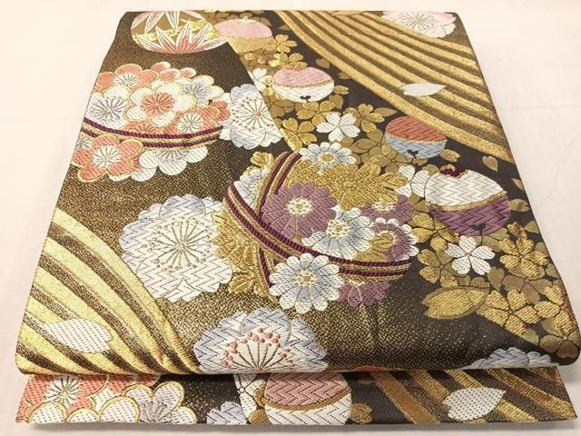 平和屋着物●六通柄袋帯　唐織　花毬文　金糸　長尺　正絹　逸品　CABJ0608vp