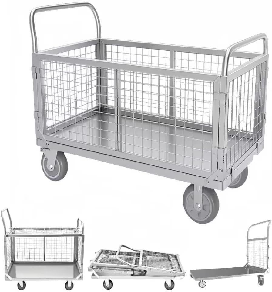 新商品 メッシュ手押し台車 折りたたみ 耐荷重 400kg 5インチ静音キャスター ブレーキ付き カゴ台車 組立簡単 | 台車 360 度回転仕様 倉庫・工場・物流センター・引越し作業対応 組立簡単