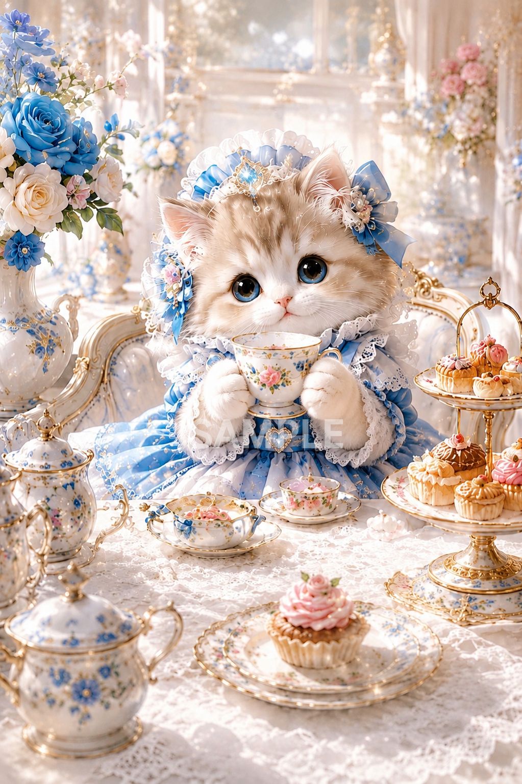 564 ふわふわ子猫の優雅なティータイム♡ AIアート 猫 ブルー - メルカリ