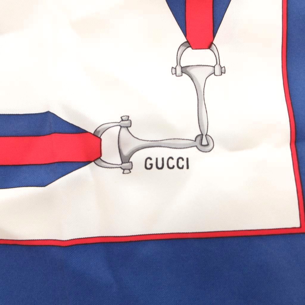 グッチ GUCCI スカーフ チーフ 総柄 ホースビット柄 絹 シルク 青