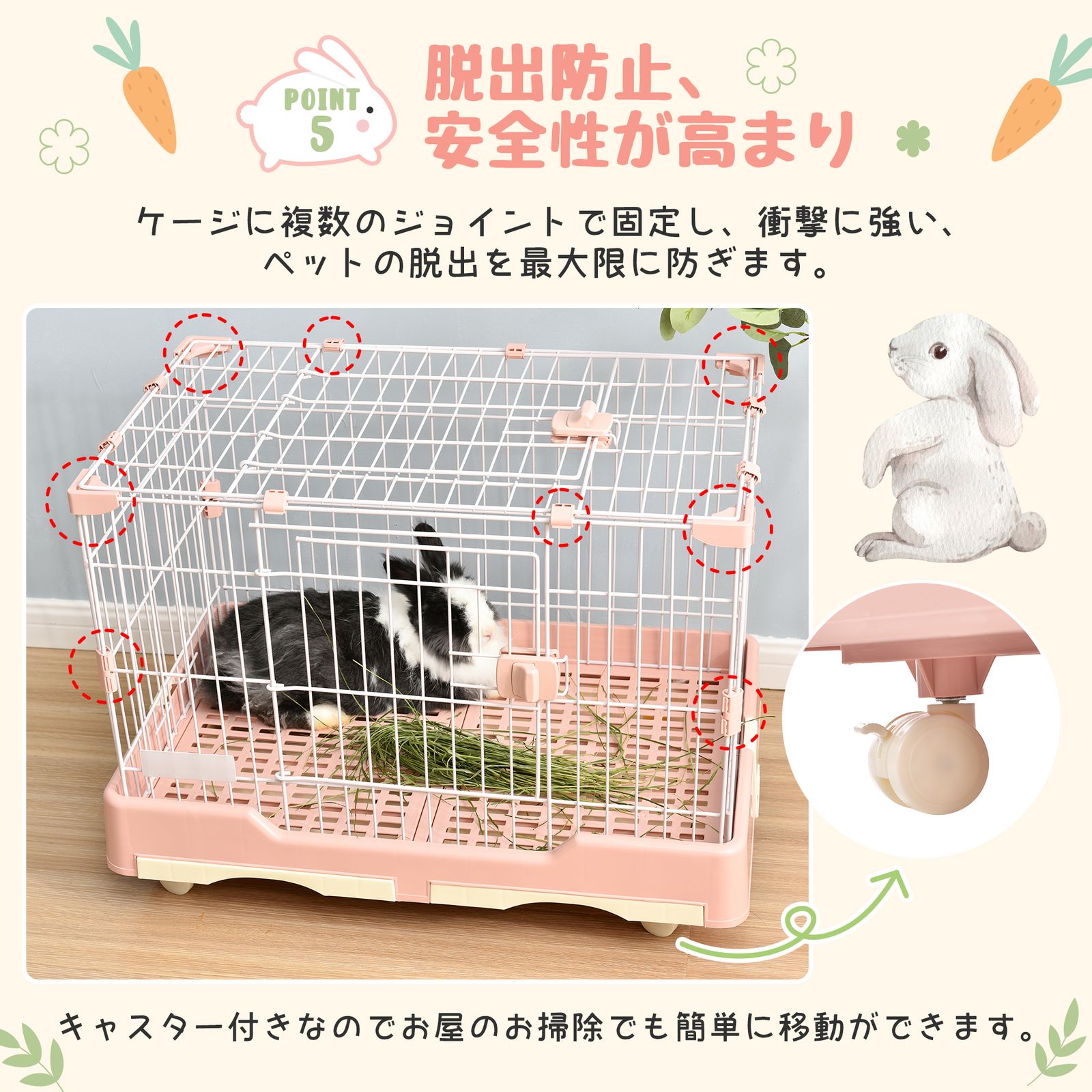ウサギ・小動物用ケージ キャスター付き 天井扉 引き出しトイレ付き 組立簡単 グレー【グレー】