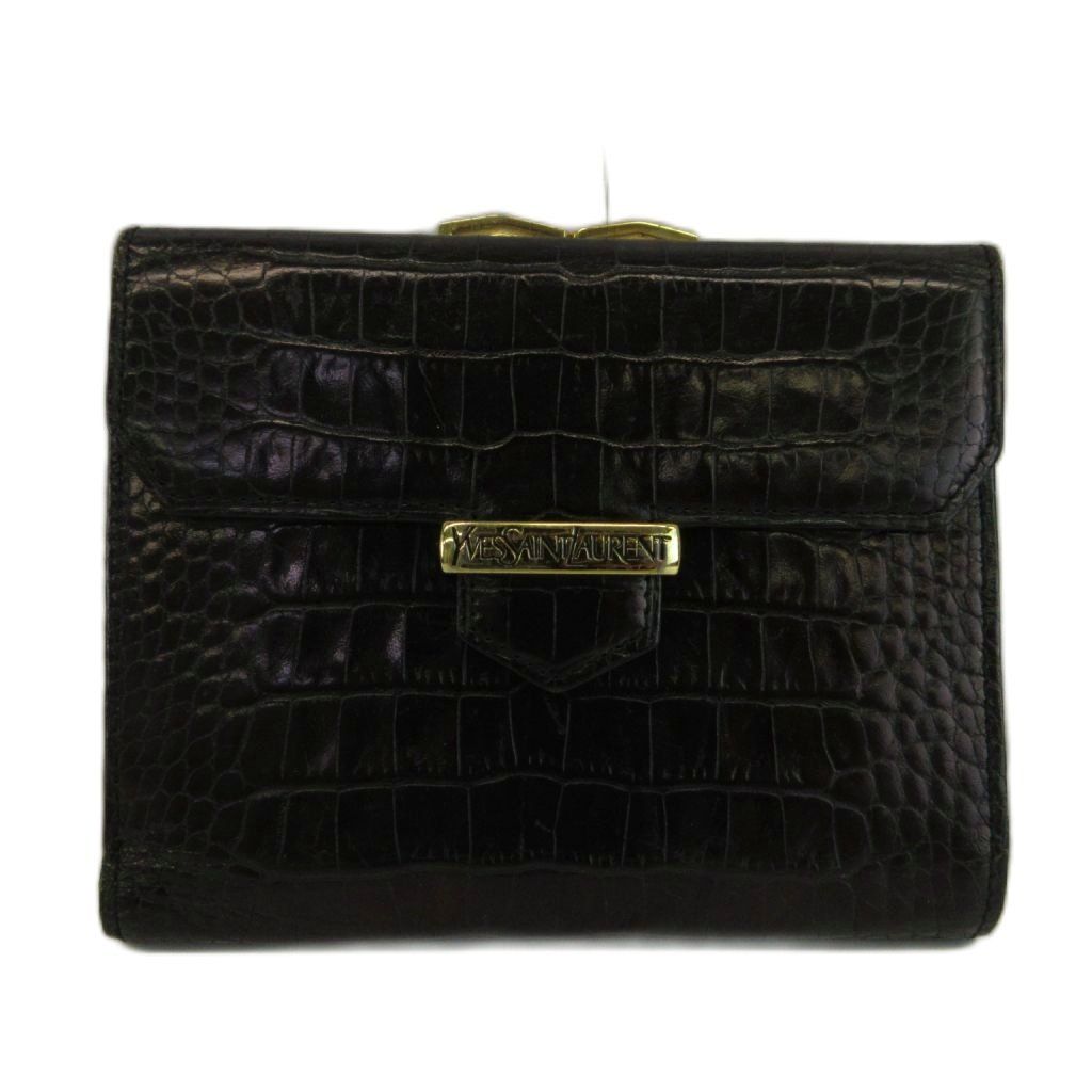 イヴサンローラン 三つ折り財布  ブラック レザー ゴールドロゴ イヴサンローラン YVES SAINT LAURENT 財布 三つ折り がま口 レザー