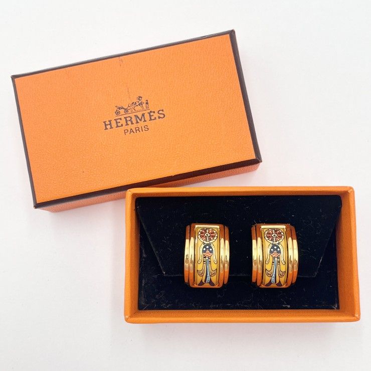 HERMES（エルメス）エマイユ イヤリング クリップ式 七宝焼 ゴールドカラー マルチカラー 箱付き【中古】