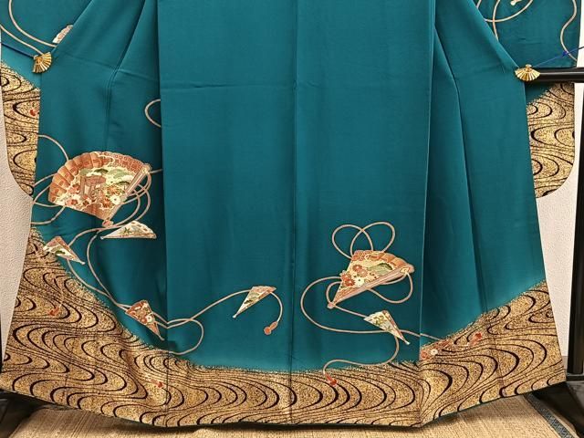 平和屋着物□豪華振袖 駒刺繍 檜扇御所車花文 金彩 正絹 逸品