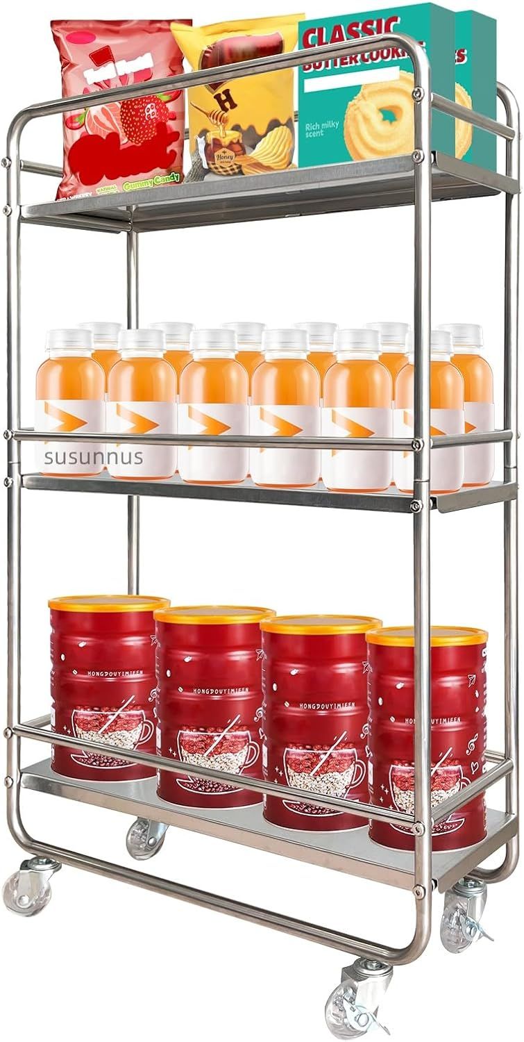 susunnus 隙間ラック 隙間収納25cm以上スペース適用 ステンレス防錆 透明PUキャスター付き キッチンワゴン 細い棚 収納ワゴン キッチンラック トイレ収【幅51*奥行き25*高さ82cm】