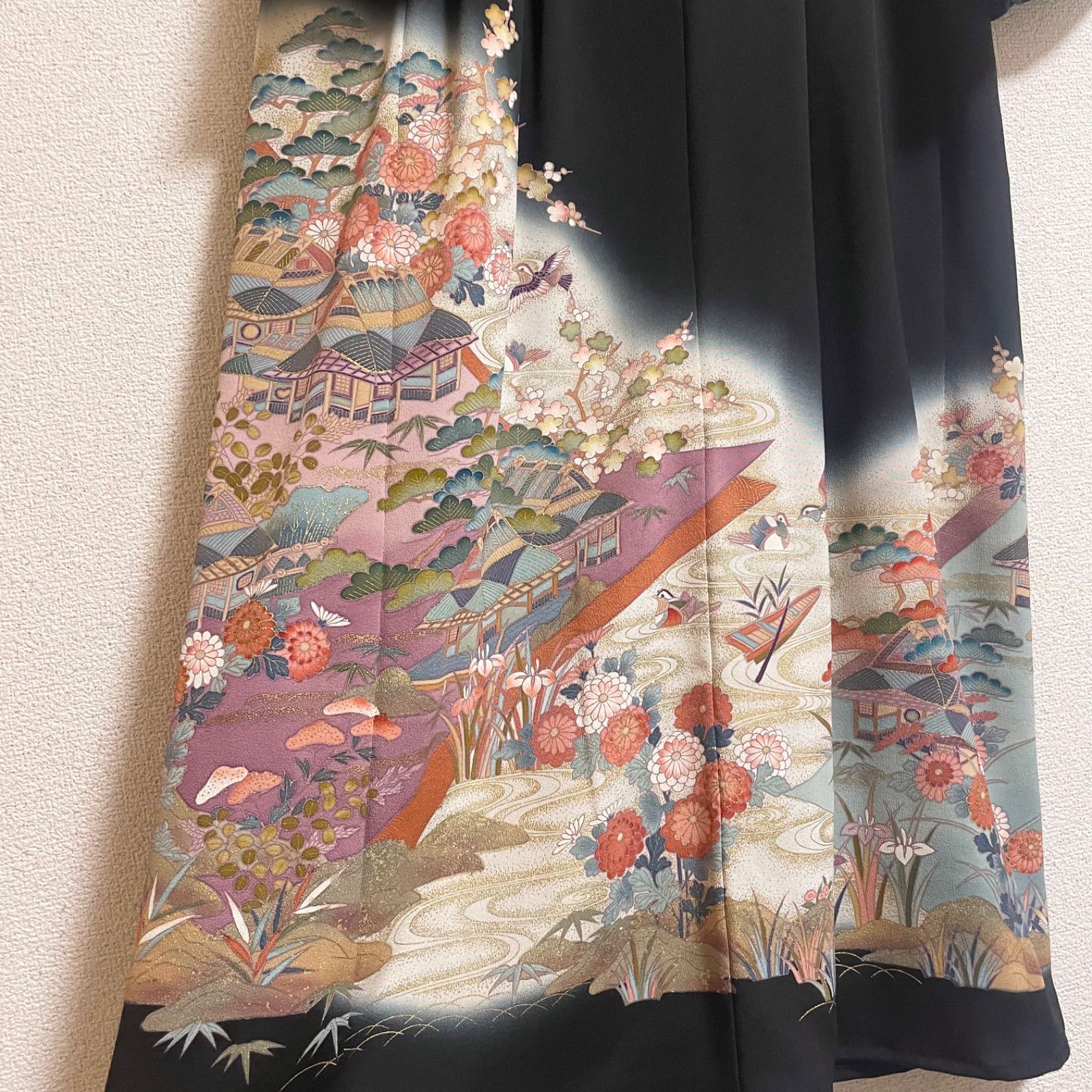 一点物 着物リメイク ロングワンピース ドレス 黒留袖 正絹 作家物