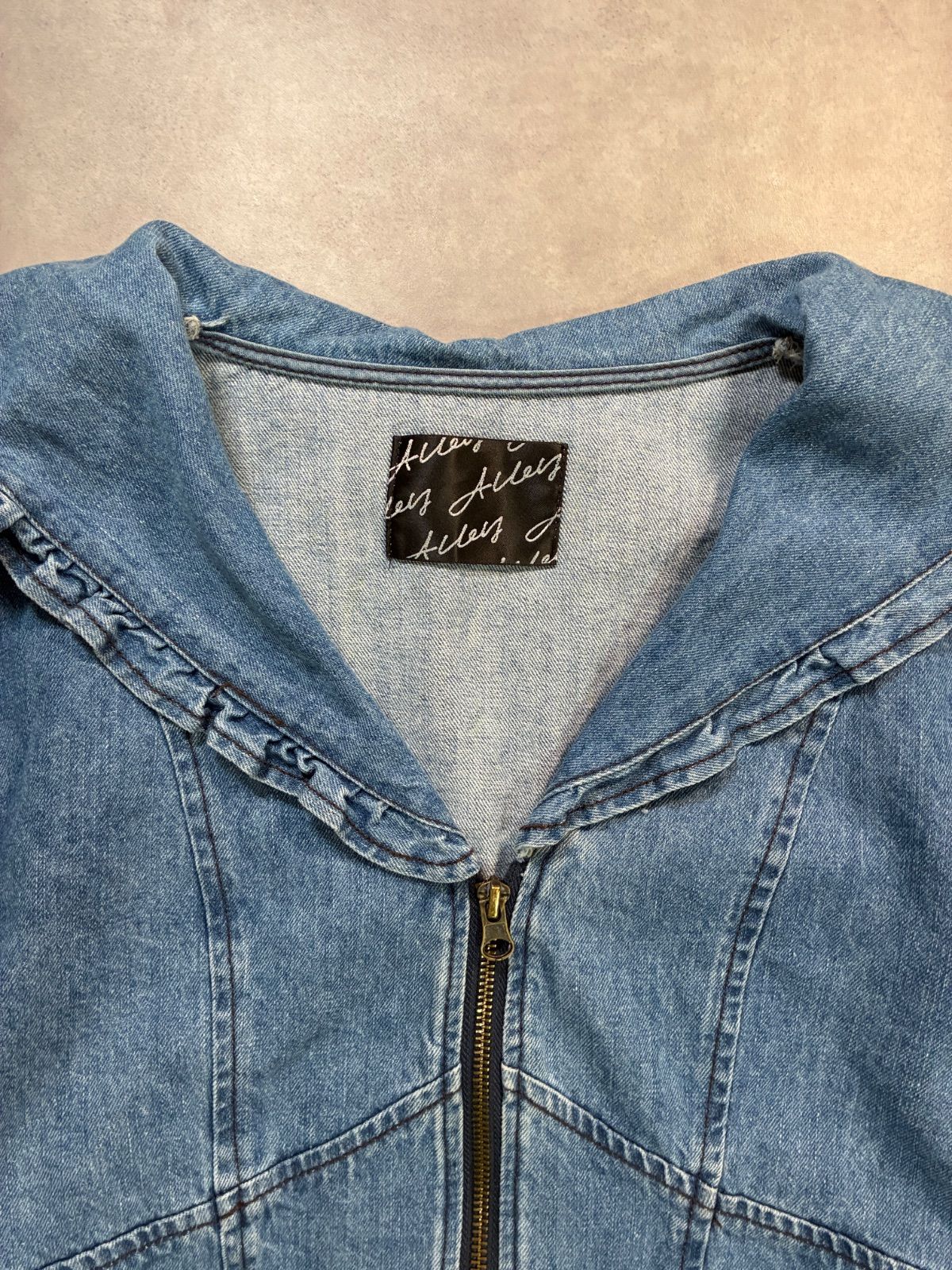 Alley デニムジャケット セーラーカラー ショート丈 フリル 刺繍 F 青 