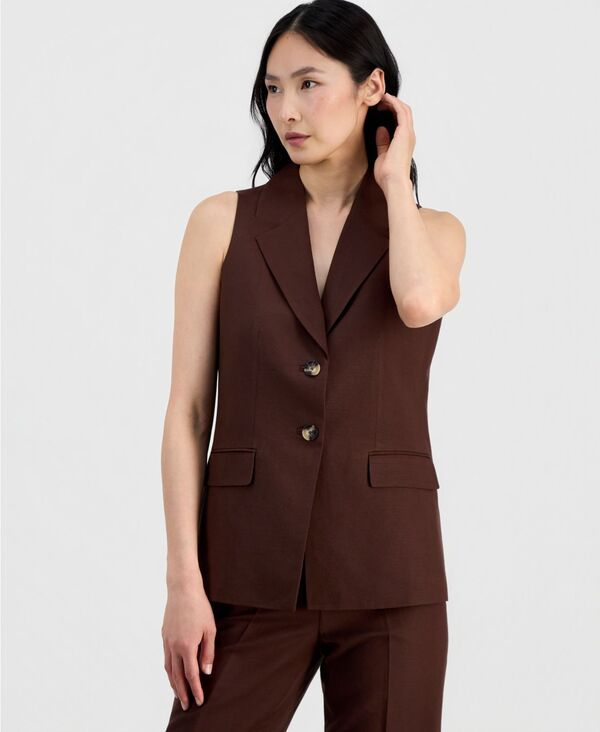 アンクライン レディース トップス ベスト プチ リネン Anne Klein Womens LinenBlend TwoButtonotchCollar Vest Regular Petite Da