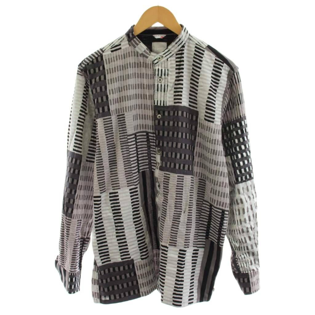ソウソウ SOU SOU シャツ 長袖 スタンドカラー 総柄 L グレー 黒