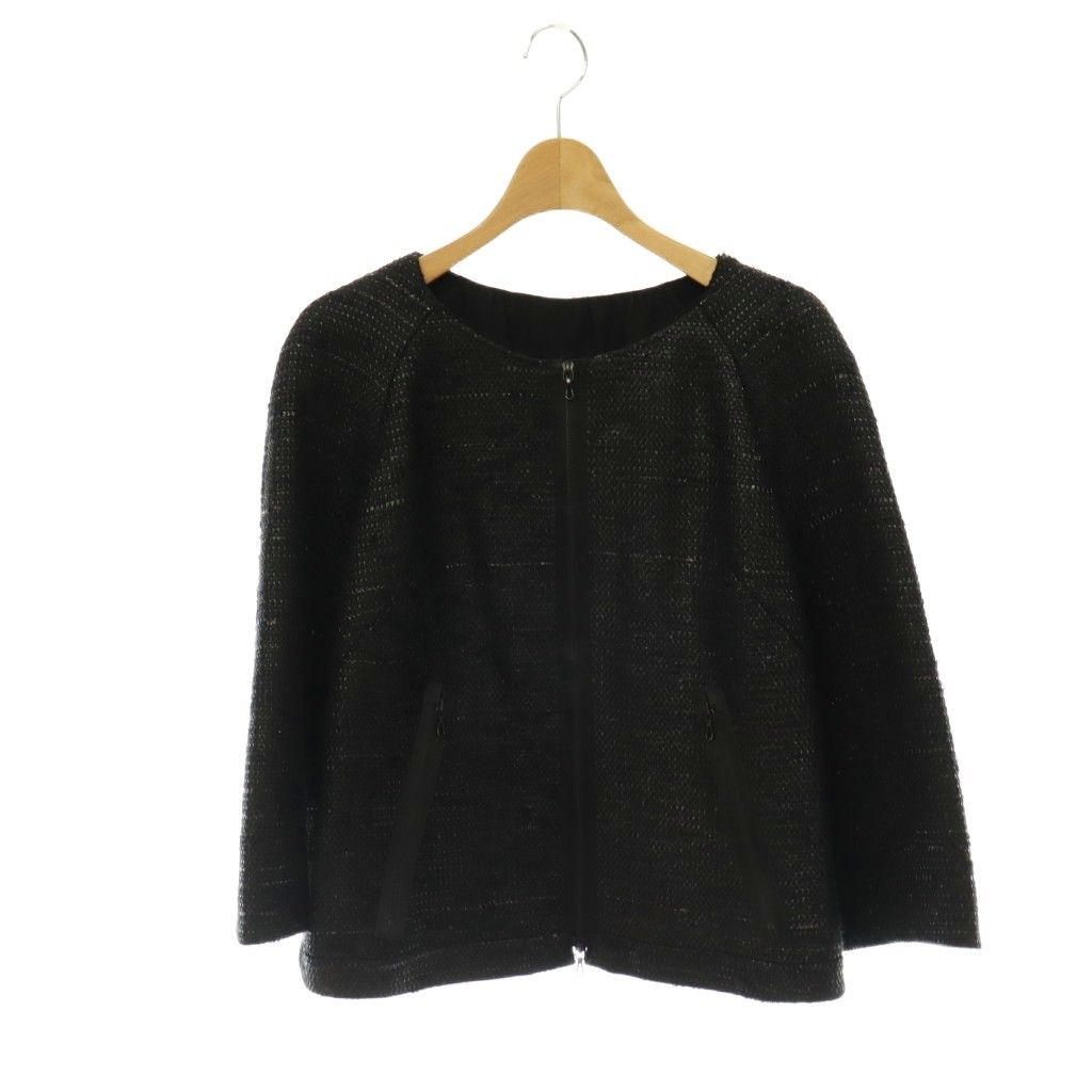 人気♪ADORE アドーア ウールノーカラージャケット 38 ブラック黒 長袖 アドーア ADORE ジップアップノーカラージャケット 総裏地 38 ブラック