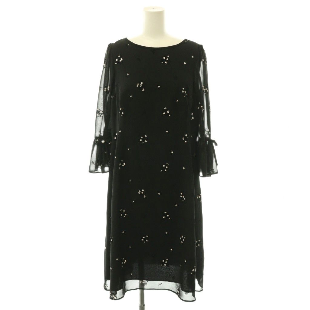 M'S GRACY エムズグレイシー フロッキー ワンピース 花柄 リボン 黒 エムズグレイシー M'S GRACY 花柄クロッキーワンピース ロング 長袖 40