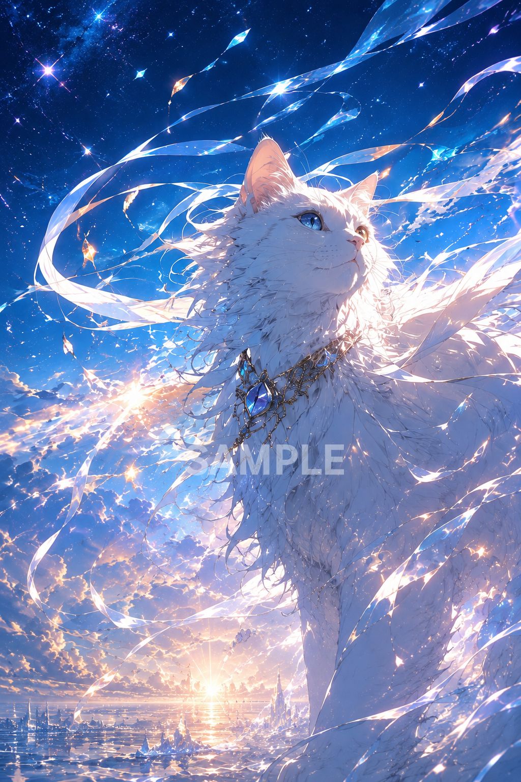 568 幻想世界を見つめる白猫アート 2Lサイズ インテリアポスター