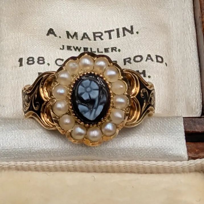 English Antique Victorian Don't Forget Me Cameo Morning Ring Enamel 18K Gold Don't Forget Me