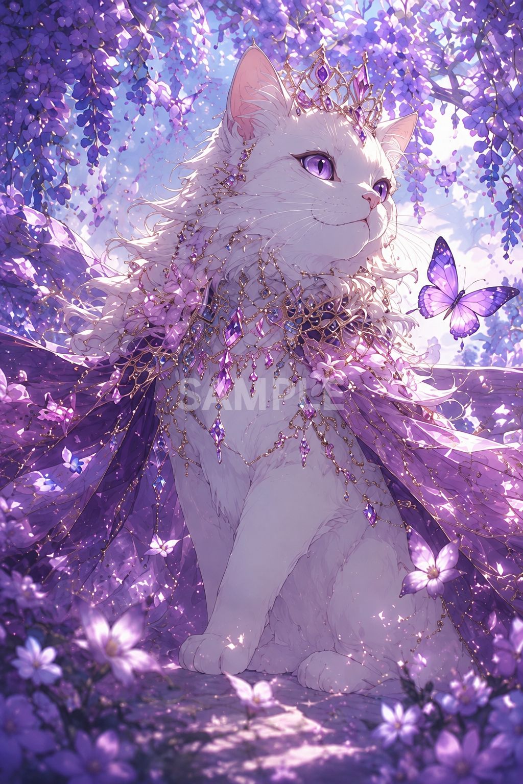 582 幻想の白猫と藤の花 ファンタジーアート 2Lサイズ ハンドメイド