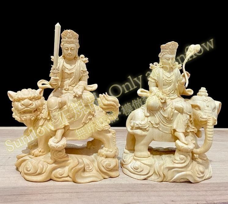 珍品 天然木 木彫仏像 文殊菩薩 普賢菩薩 座像 檜木 一式 彫刻 未使用 CZH526P444