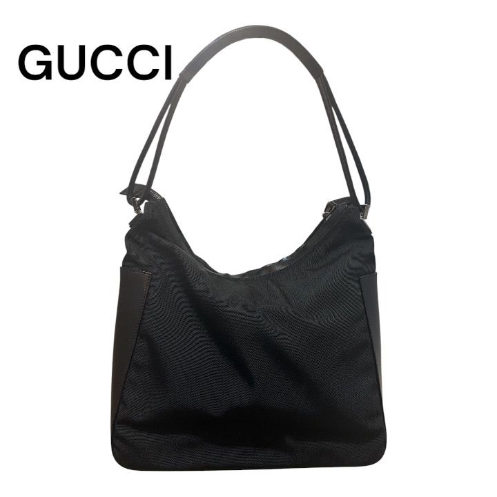 GUCCI ワンショルダーバッグ　ナイロン　レザー　ブラック 美品】GUCCI グッチ ナイロン レザー ワンショルダーバッグ ロゴ