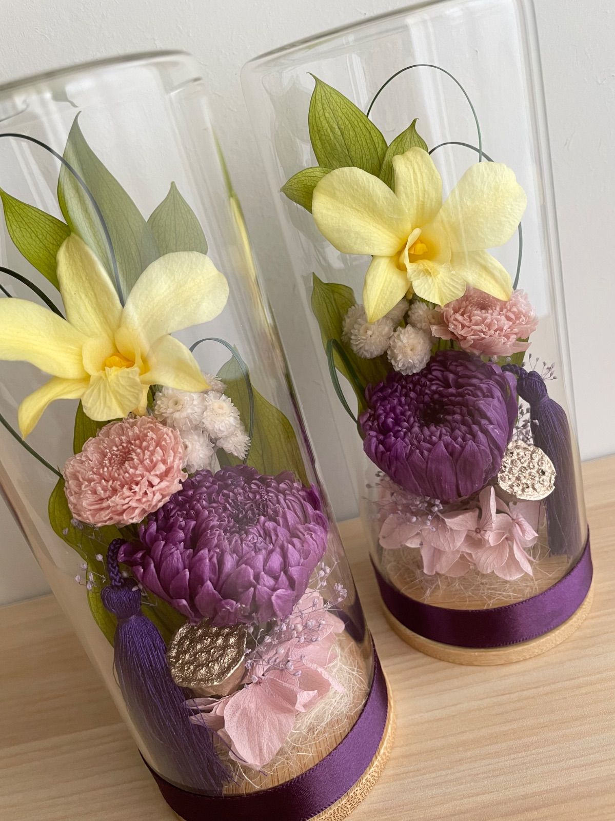 プリザーブドフラワー＊ガラスケース 輪菊 蓮&タッセル ＊仏花 お盆