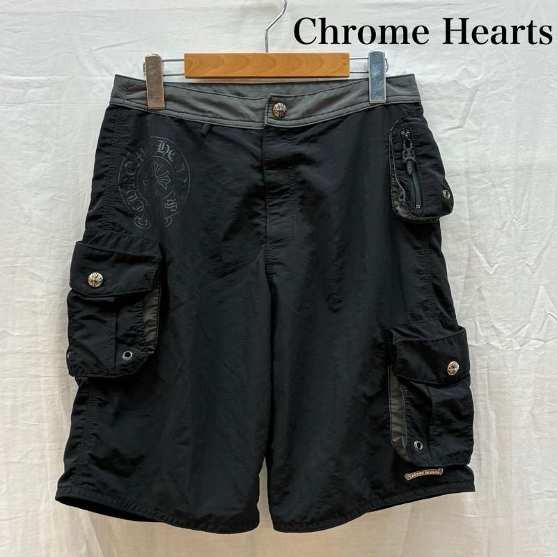 レアな　クロムハーツ　クロスボール　ボタン　タガー　レザーショートパンツ 黒 クロムハーツ クロスボール ボタン スクロールラベル ダガー ナイロン