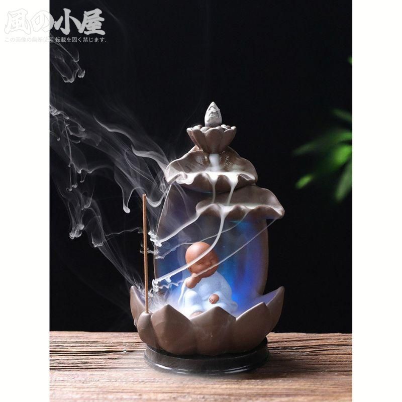 人気商品】香炉 倒流香炉 蓮の花 少年仏 禅意 高山流水 風水 陶器 線香