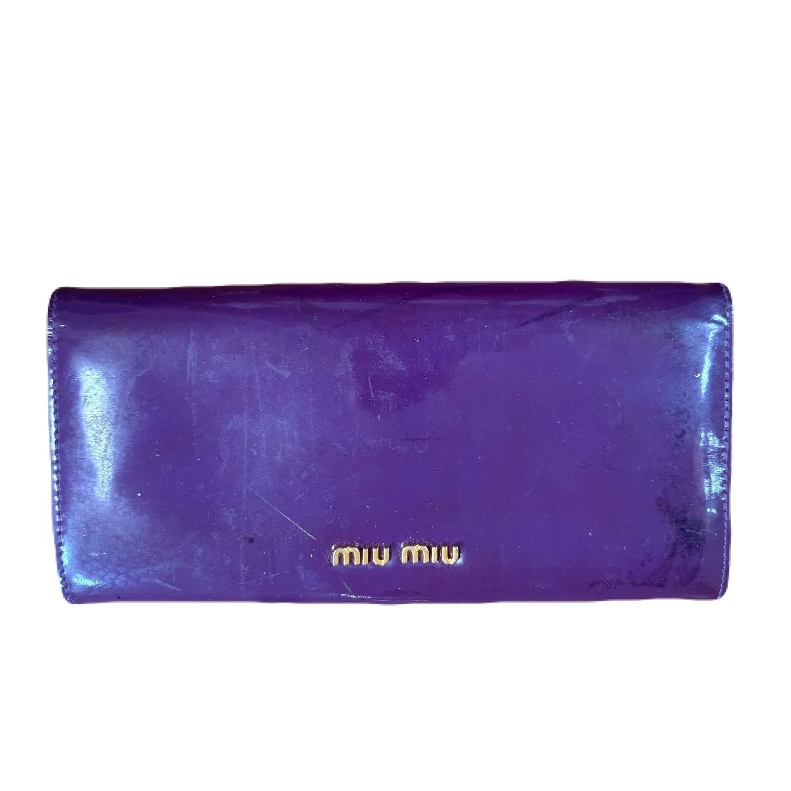 miu miu　長財布　ギャザー　長財布　パープル MIUMIU ミュウミュウ 長財布 パープル エナメル 2つ折り財布 - メルカリ