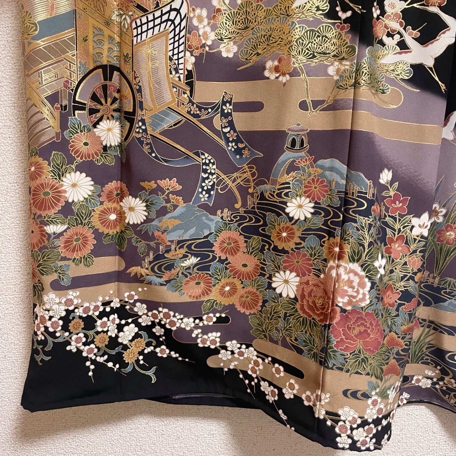 一点物 着物リメイク ロングワンピース ドレス 黒留袖 正絹 飛鶴花文