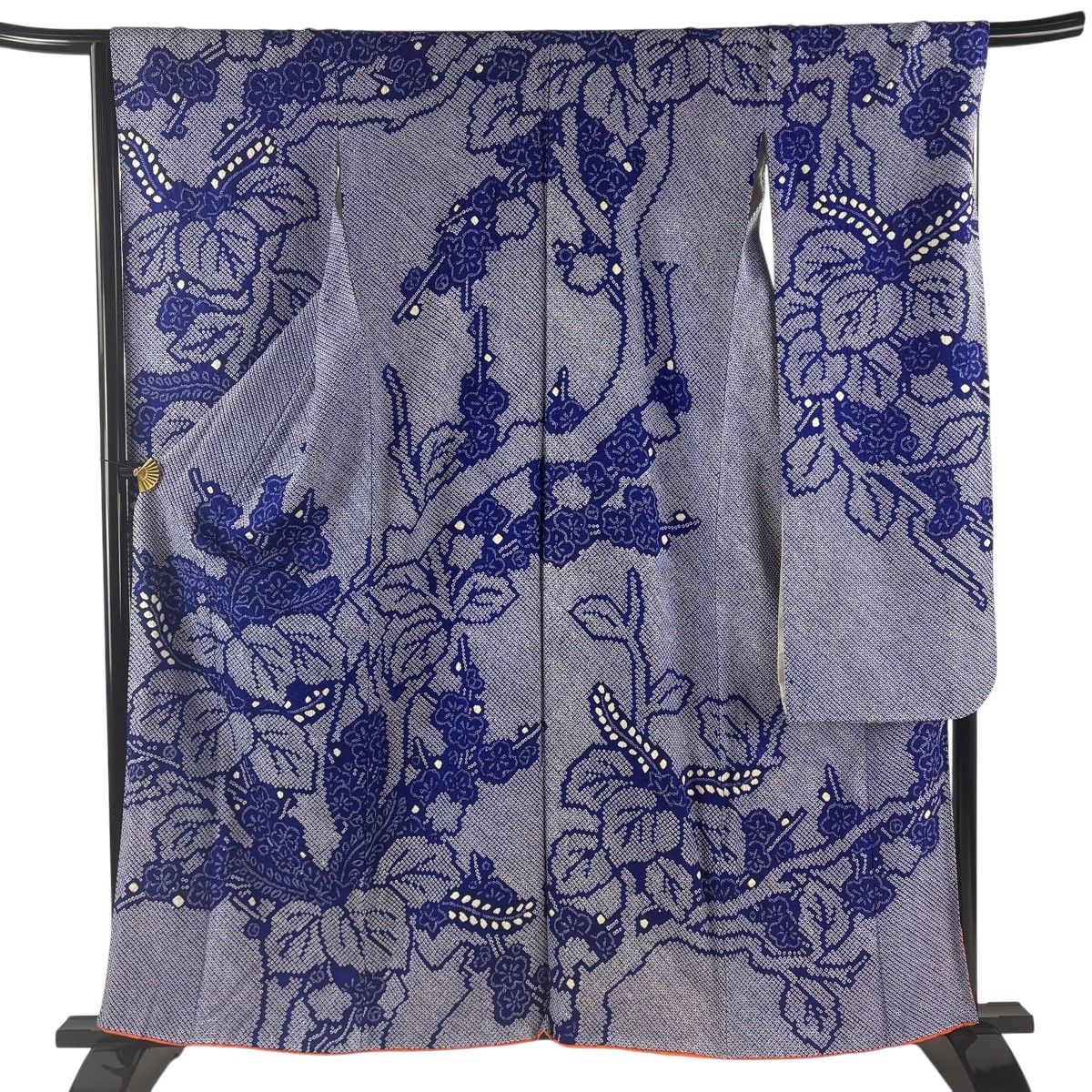 振袖 身丈159cm 裄丈68cm L 袷 桐 枝梅 総絞り 青 正絹 優品 【中古