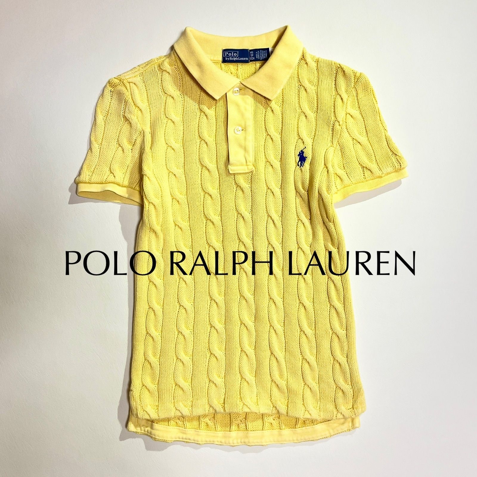 kT85 現行 POLO RALPH LAUREN ケーブルニット ポロシャツ 襟付き 半袖 ポニー刺繍 イエロー 黄色 ポロラルフローレン QRコード 定価29,700円 8,140円