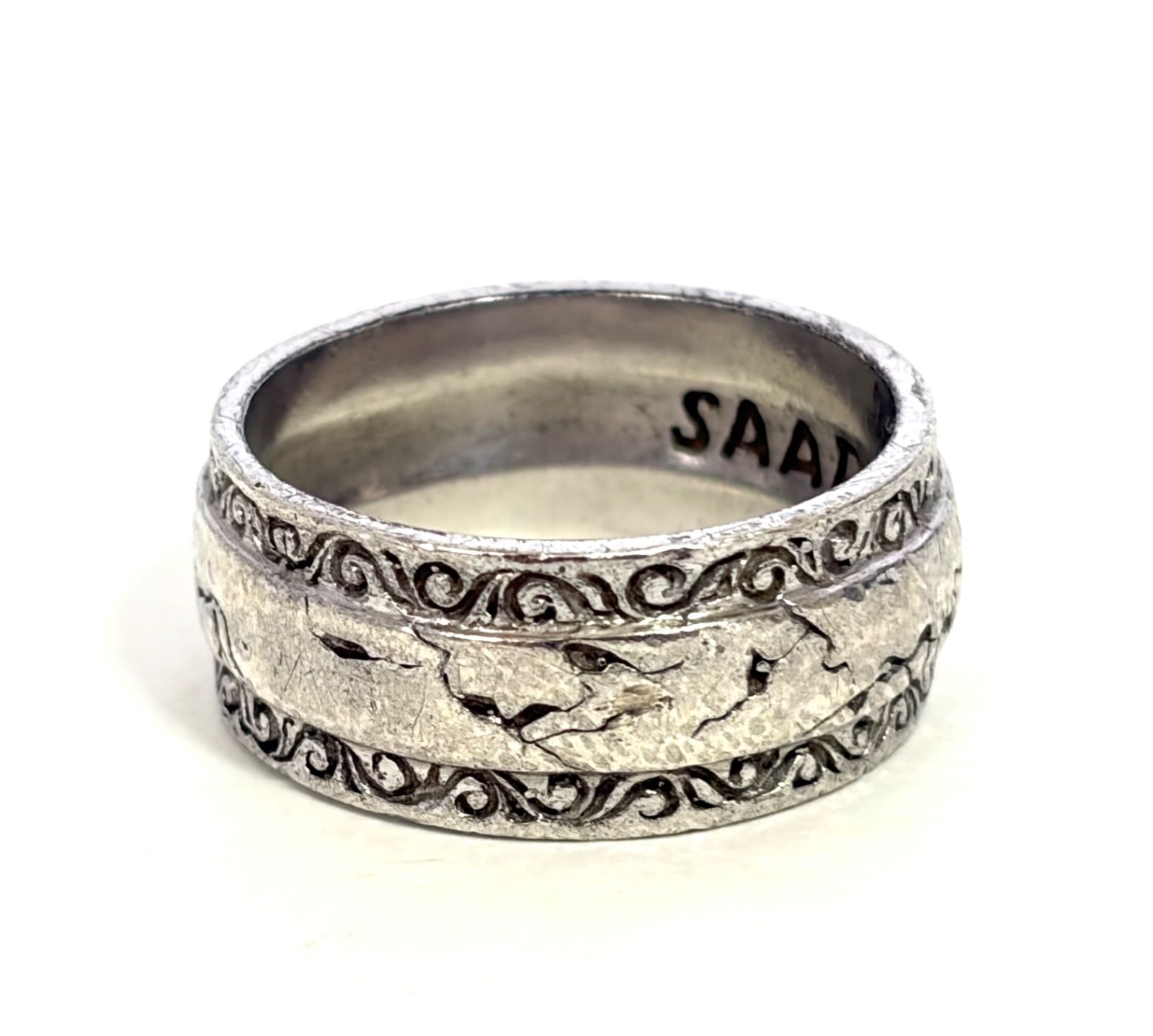 【美品】SAAD サード シルバー925 リング 21号 唐草 アラベスク 彫り SAAD サード シルバー925 クラック×サンシンボルモチーフ アラベスク