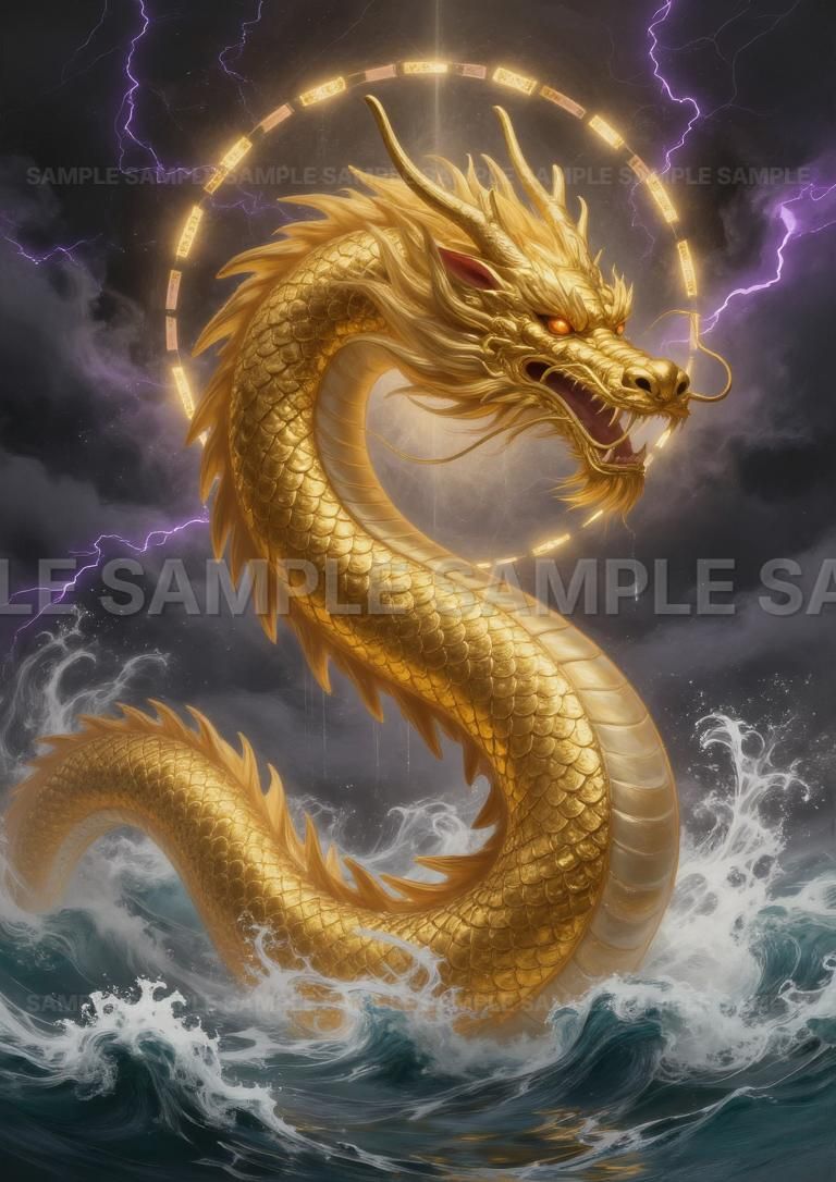 AIアート】【金運招来】黄金龍 昇龍 龍神図 開運 風水 縁起物 龍の絵