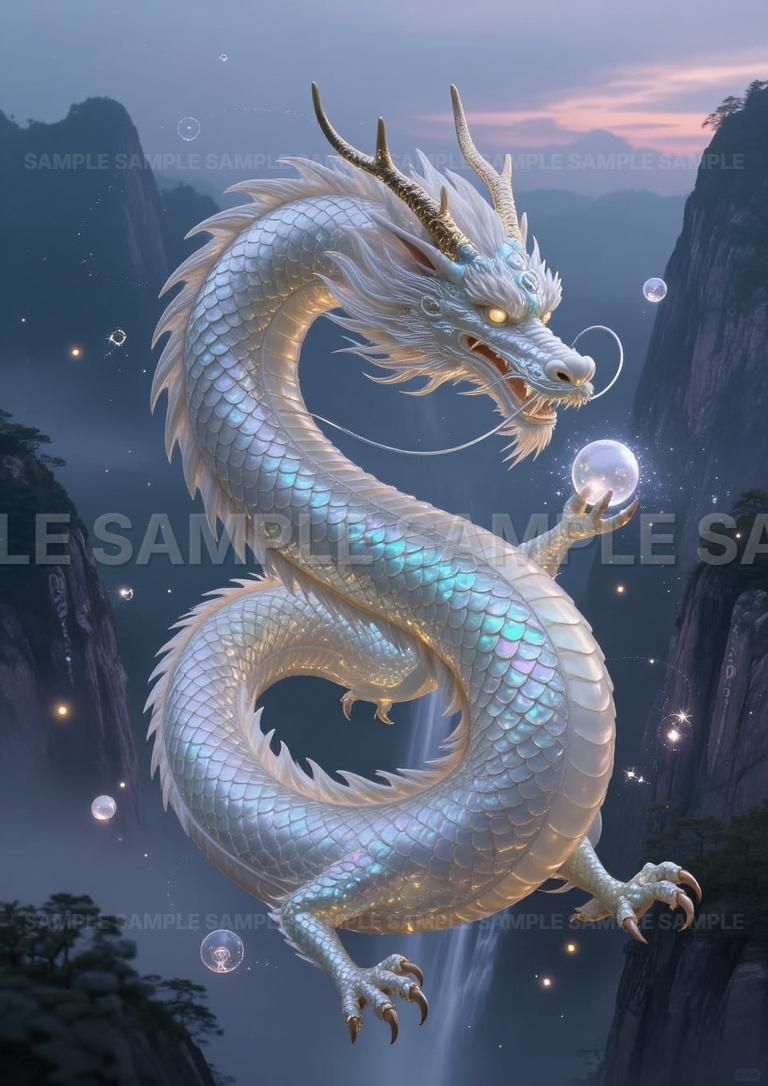 AIアート】【開運招福】幻想的な白龍 アート 昇龍 龍神 縁起物 幸運 金