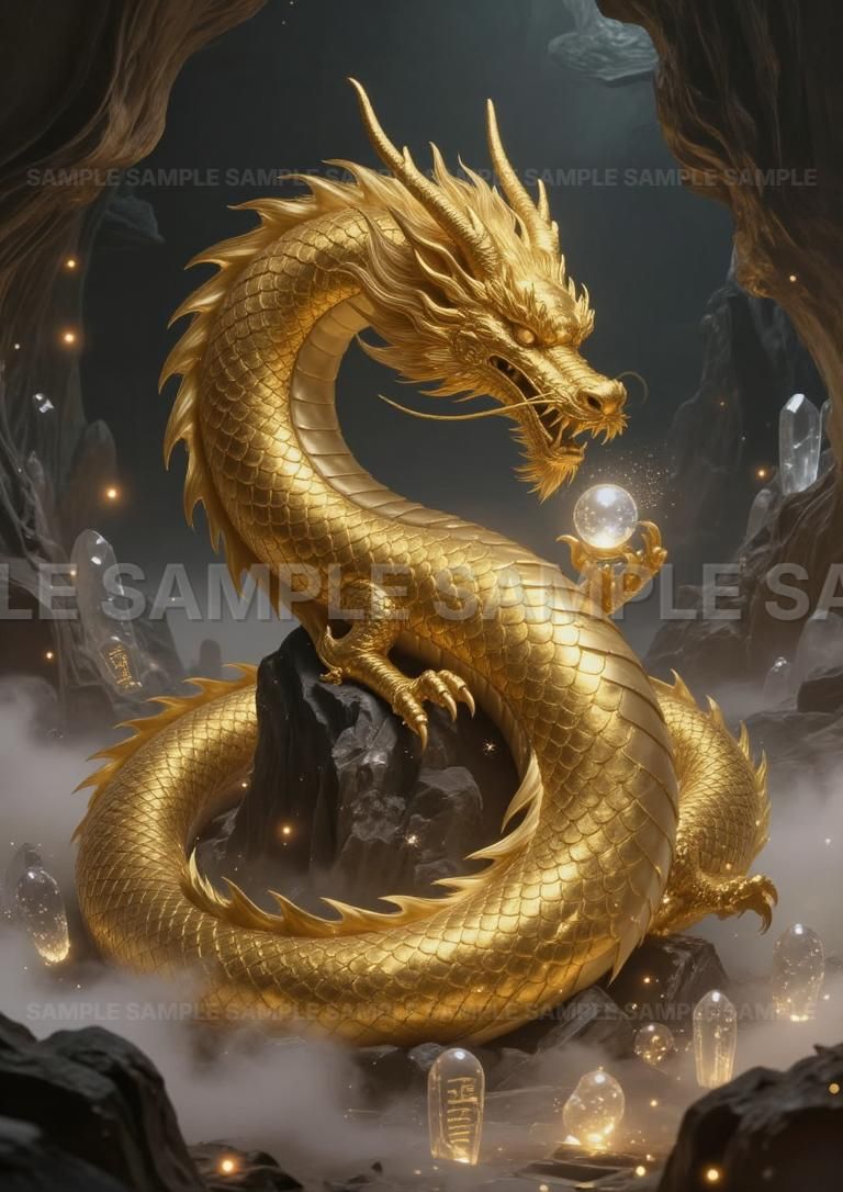 AIアート】【開運招福】黄金龍 宝珠を持つ 迫力満点 アートパネル 金運