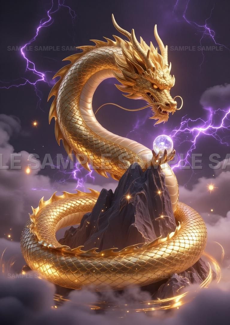 AIアート】【金運招来】黄金龍 宝珠を持つ 龍神 開運 風水 アート 迫力