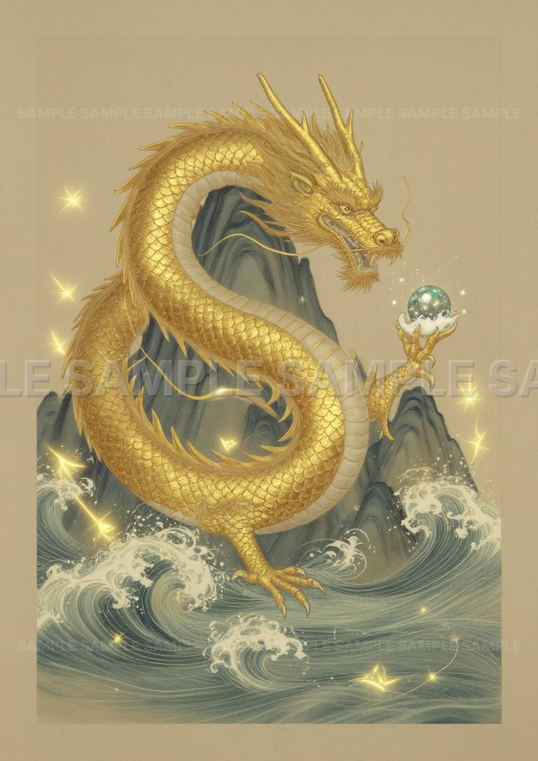 AIアート】【金運招来】黄金龍 宝珠を持つ 龍神 開運風水アート 迫力