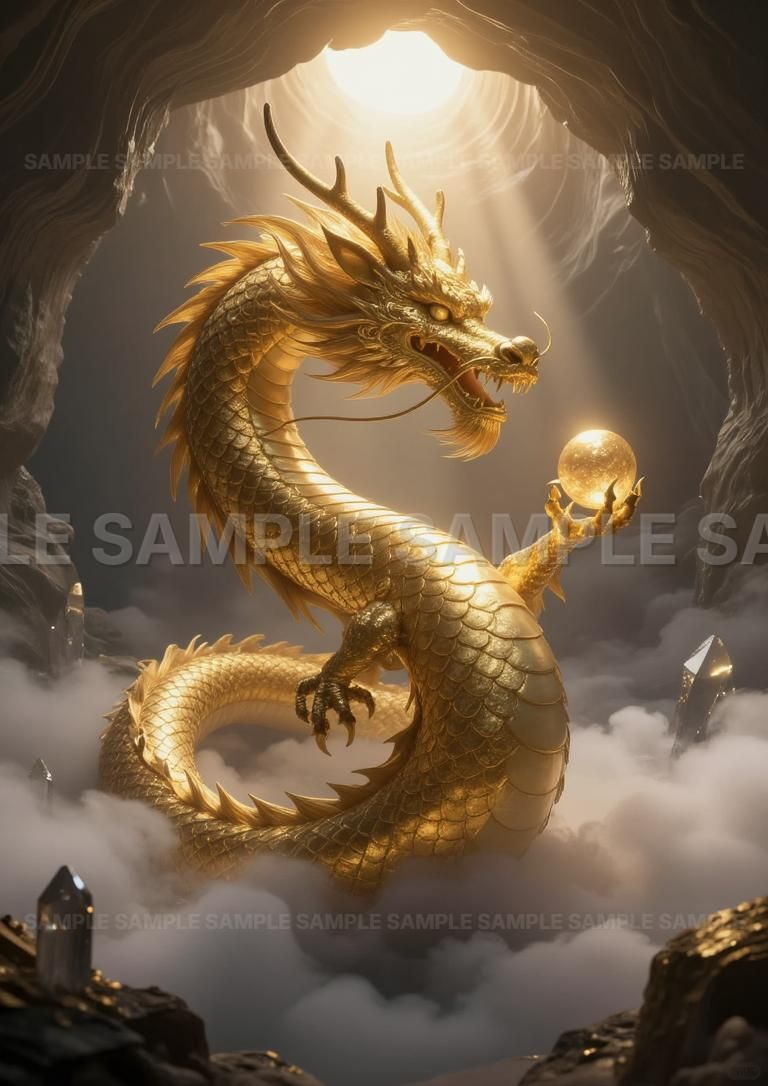AIアート】【金運上昇】黄金龍 龍神 宝珠 陰陽道 昇龍 開運 風水