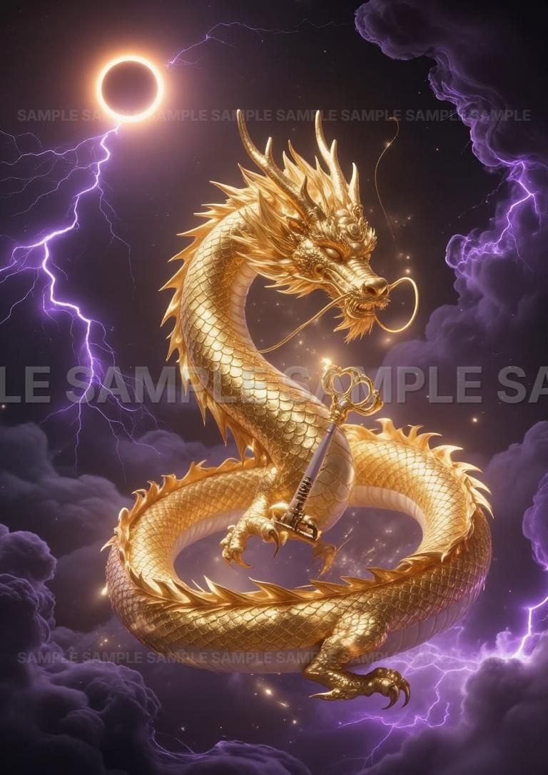 AIアート】【金運上昇】黄金龍 昇天 秘宝の鍵 龍神 開運 風水 縁起物